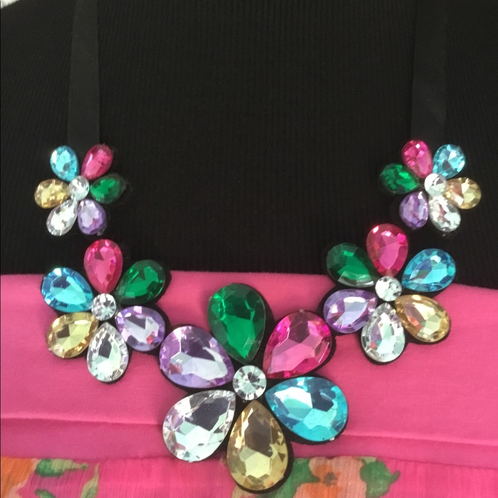 🌺🌸 Multicolor Floral Rhinestone Bib Necklace Flower Crystal Statement NEW 🌸🌺 - Picture 3 of 9